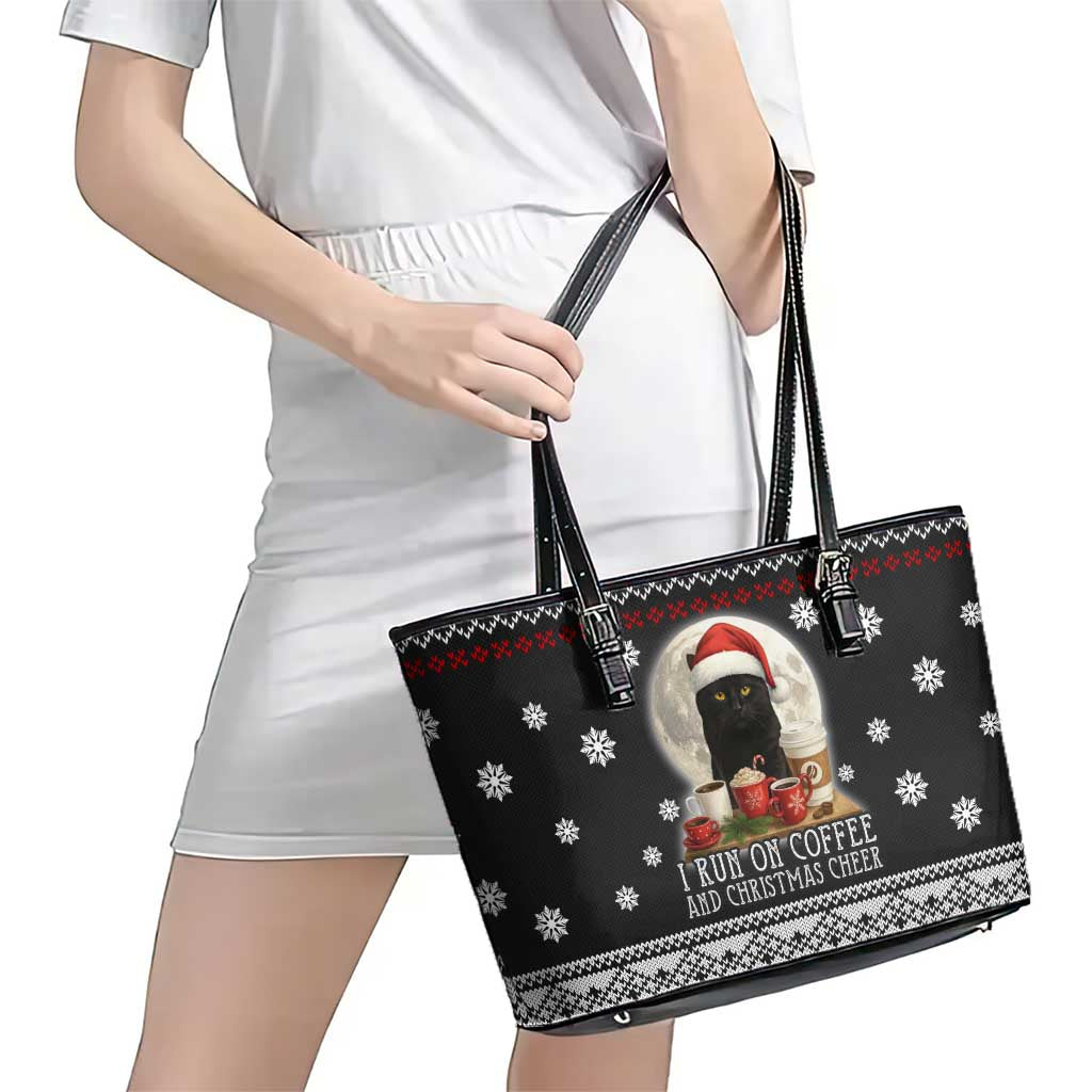 Black Cat Run On Coffee Leather Tote Bag Xmas Holiday Patterns - Wonder Print Shop