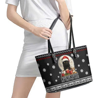 Black Cat Run On Coffee Leather Tote Bag Xmas Holiday Patterns - Wonder Print Shop