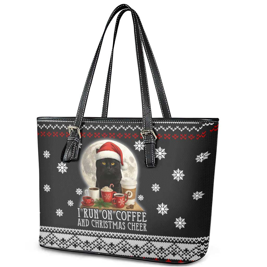 Black Cat Run On Coffee Leather Tote Bag Xmas Holiday Patterns - Wonder Print Shop
