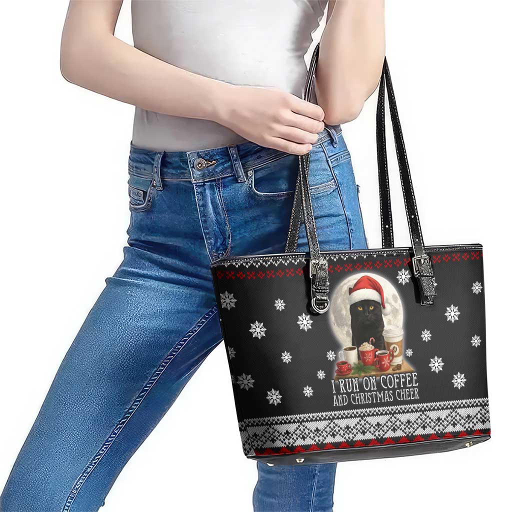 Black Cat Run On Coffee Leather Tote Bag Xmas Holiday Patterns - Wonder Print Shop