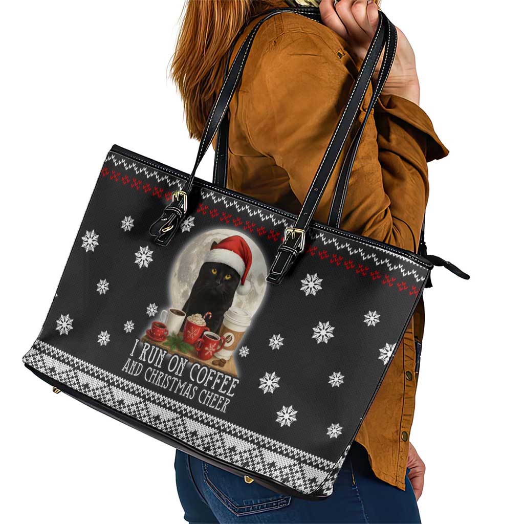 Black Cat Run On Coffee Leather Tote Bag Xmas Holiday Patterns - Wonder Print Shop