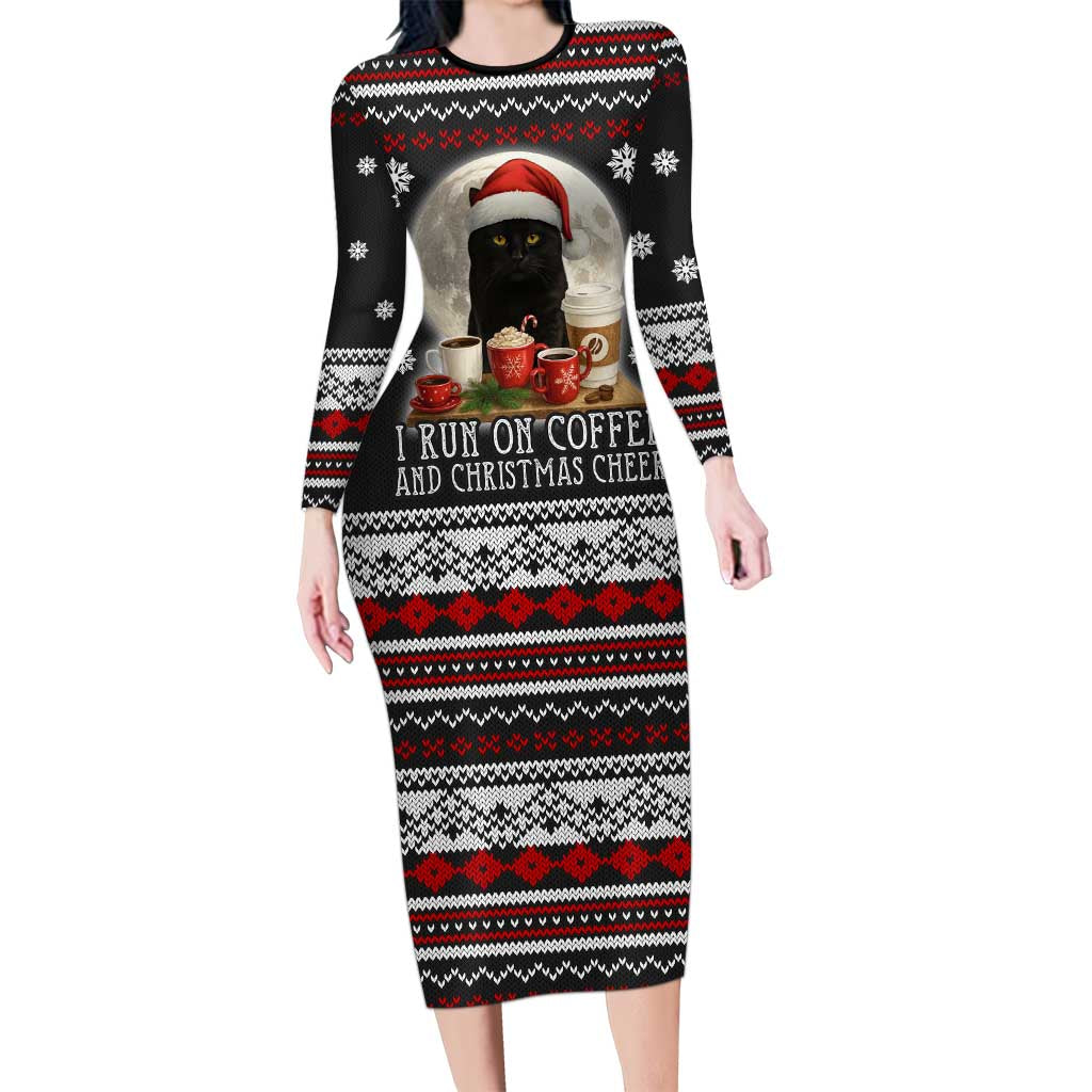 Black Cat Run On Coffee Long Sleeve Bodycon Dress Xmas Holiday Patterns - Wonder Print Shop
