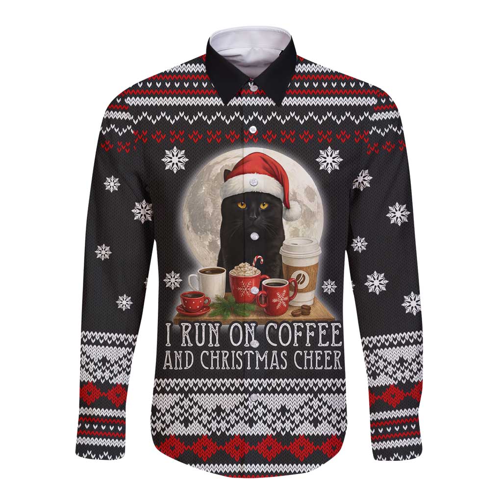 Black Cat Run On Coffee Long Sleeve Button Shirt Xmas Holiday Patterns - Wonder Print Shop