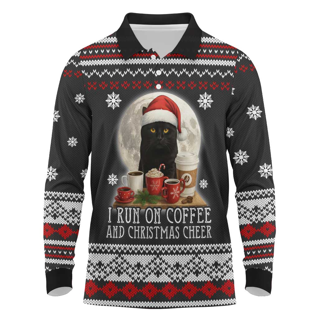 Black Cat Run On Coffee Long Sleeve Polo Shirt Xmas Holiday Patterns - Wonder Print Shop