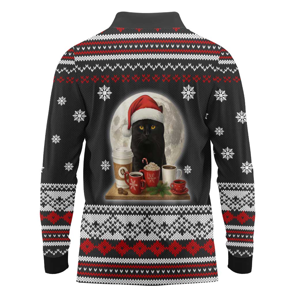 Black Cat Run On Coffee Long Sleeve Polo Shirt Xmas Holiday Patterns - Wonder Print Shop