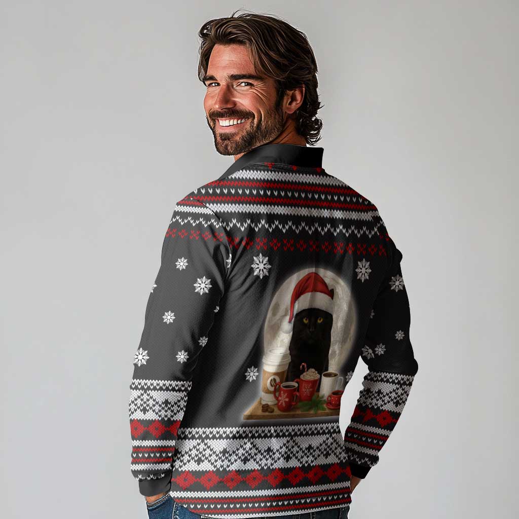 Black Cat Run On Coffee Long Sleeve Polo Shirt Xmas Holiday Patterns - Wonder Print Shop