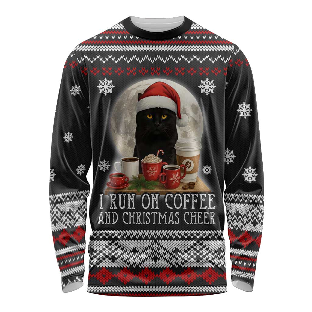 Black Cat Run On Coffee Long Sleeve Shirt Xmas Holiday Patterns - Wonder Print Shop