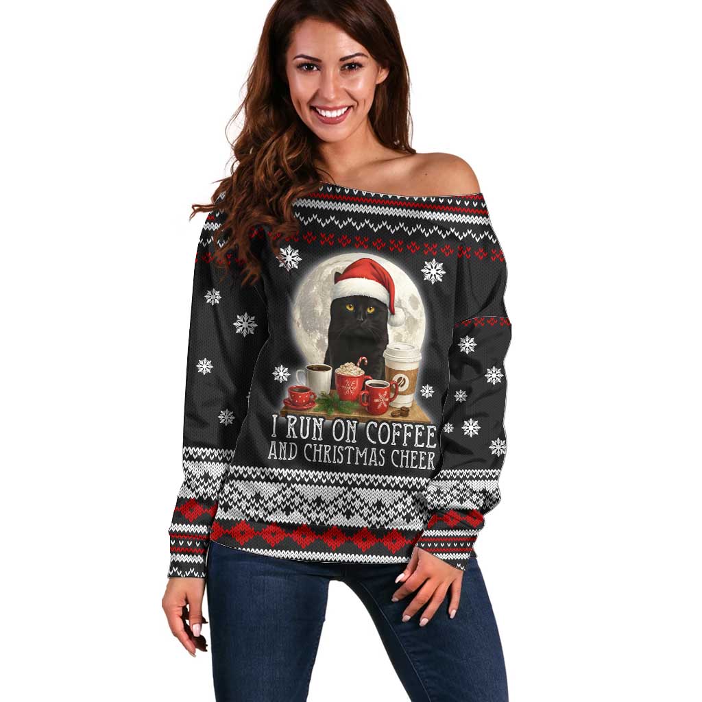 Black Cat Run On Coffee Off Shoulder Sweater Xmas Holiday Patterns - Wonder Print Shop
