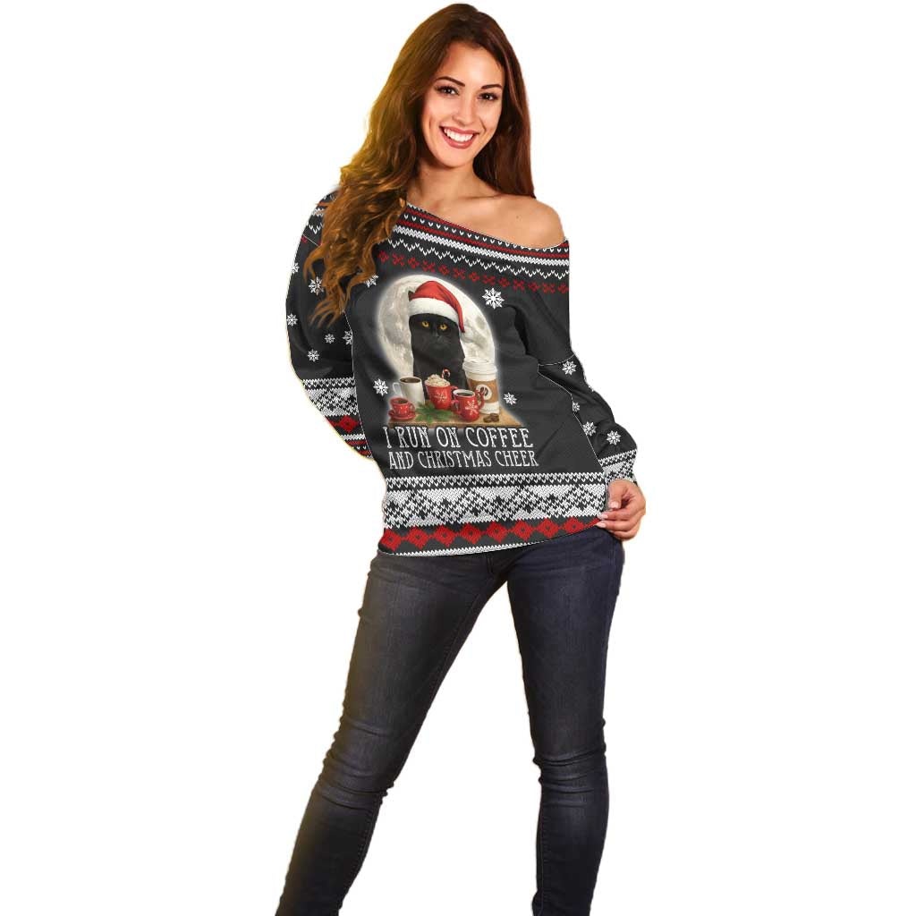 Black Cat Run On Coffee Off Shoulder Sweater Xmas Holiday Patterns - Wonder Print Shop