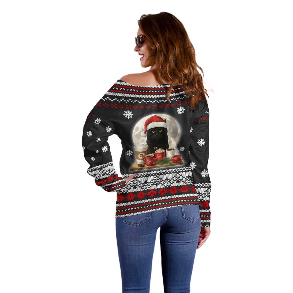 Black Cat Run On Coffee Off Shoulder Sweater Xmas Holiday Patterns - Wonder Print Shop