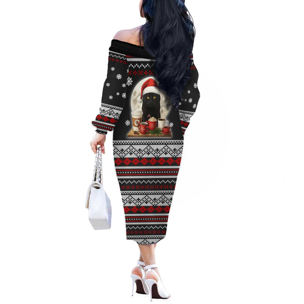 Black Cat Run On Coffee Off The Shoulder Long Sleeve Dress Xmas Holiday Patterns - Wonder Print Shop