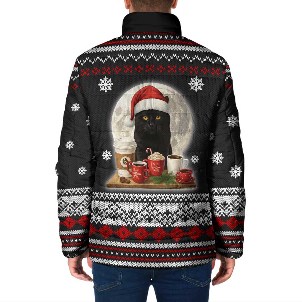 Black Cat Run On Coffee Padded Jacket Xmas Holiday Patterns - Wonder Print Shop