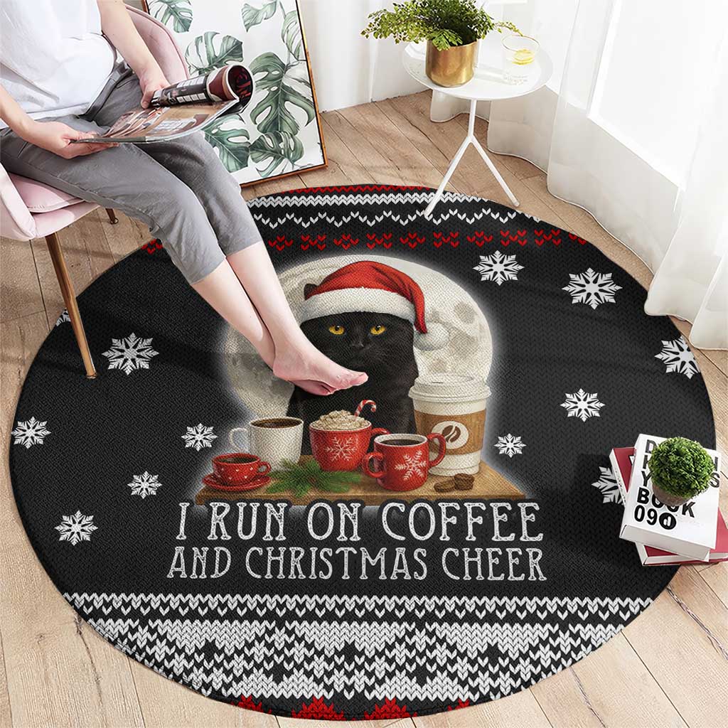 Black Cat Run On Coffee Round Carpet Xmas Holiday Patterns - Wonder Print Shop