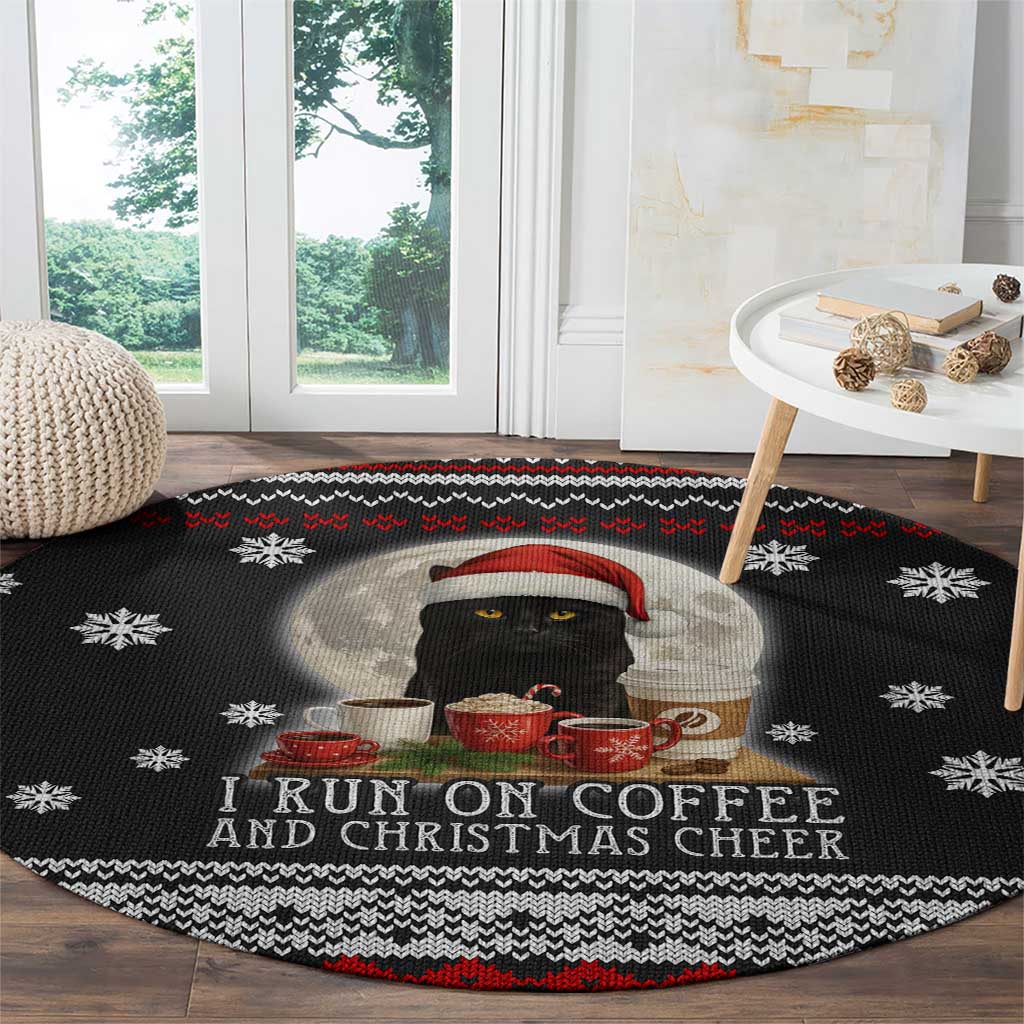 Black Cat Run On Coffee Round Carpet Xmas Holiday Patterns - Wonder Print Shop