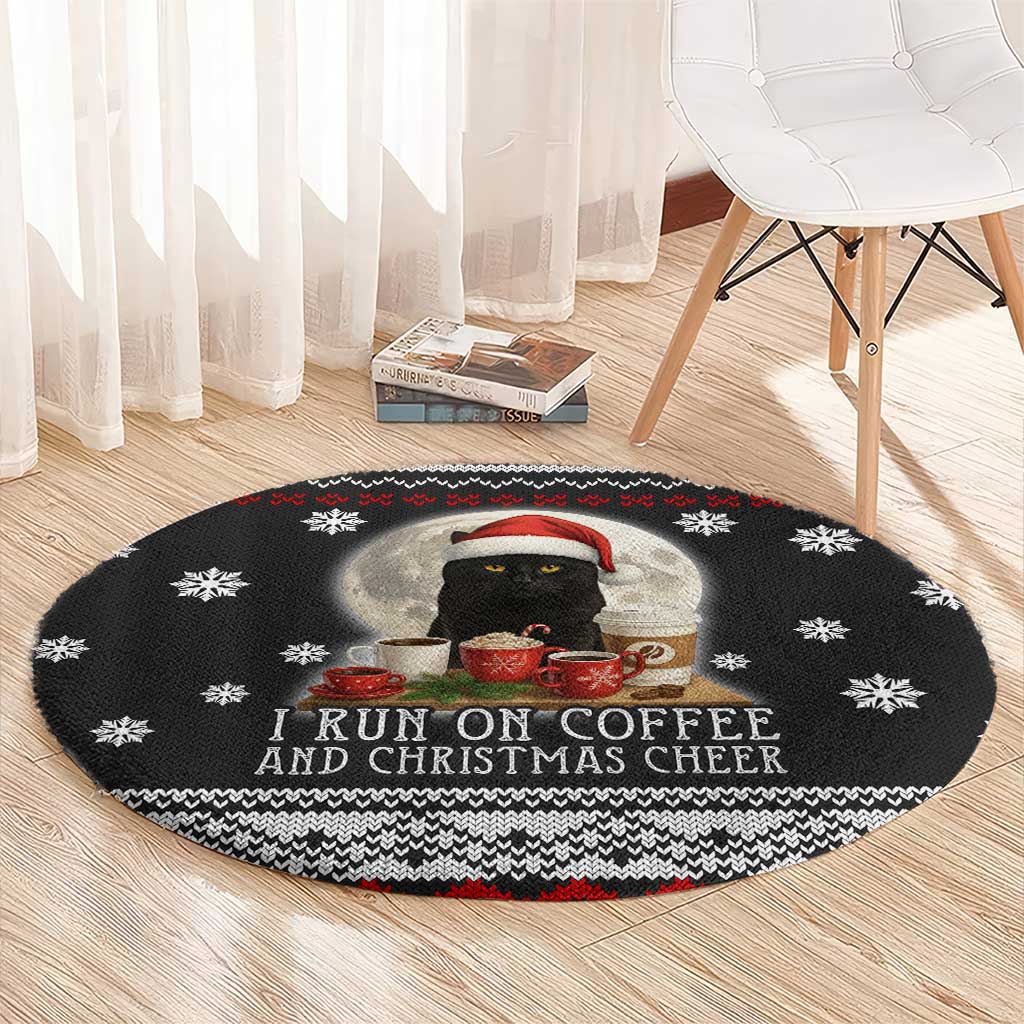 Black Cat Run On Coffee Round Carpet Xmas Holiday Patterns - Wonder Print Shop