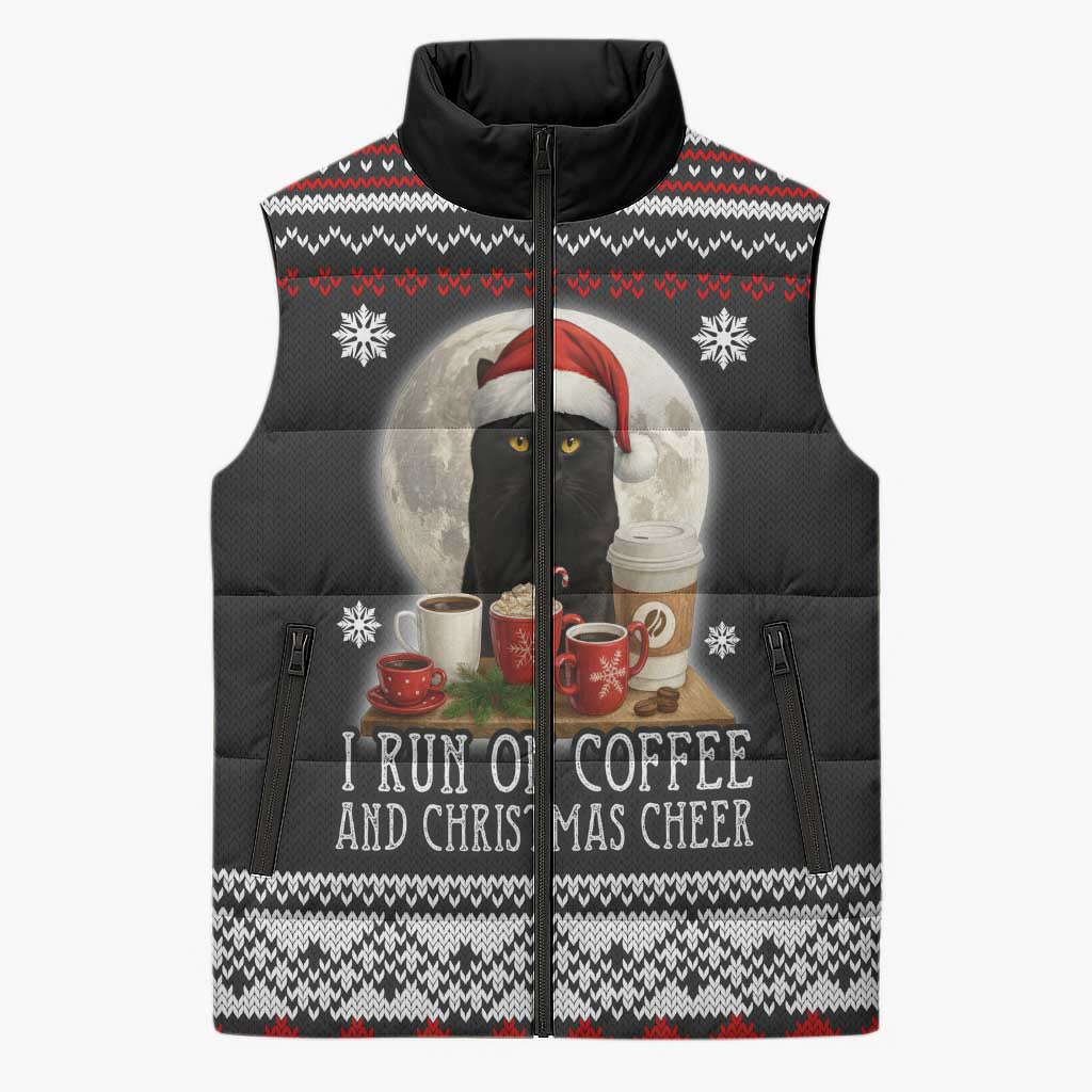 Black Cat Run On Coffee Sleeveless Puffer Jacket Xmas Holiday Patterns - Wonder Print Shop
