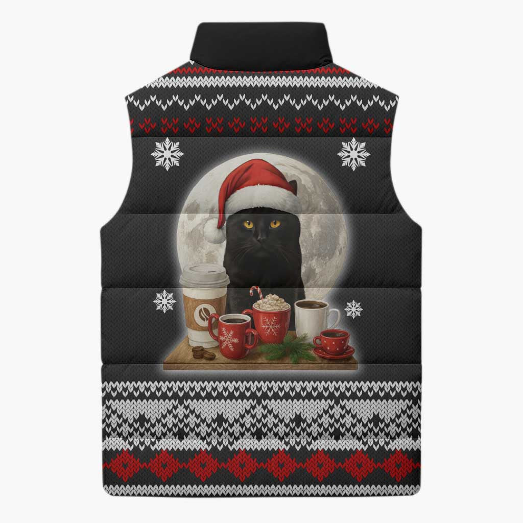 Black Cat Run On Coffee Sleeveless Puffer Jacket Xmas Holiday Patterns - Wonder Print Shop