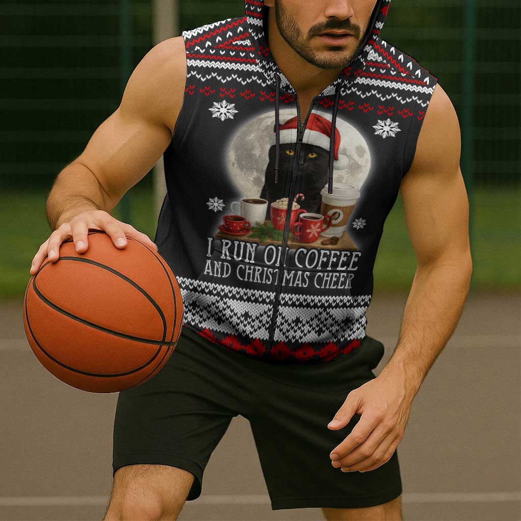Black Cat Run On Coffee Sleeveless Zip Hoodie Xmas Holiday Patterns - Wonder Print Shop