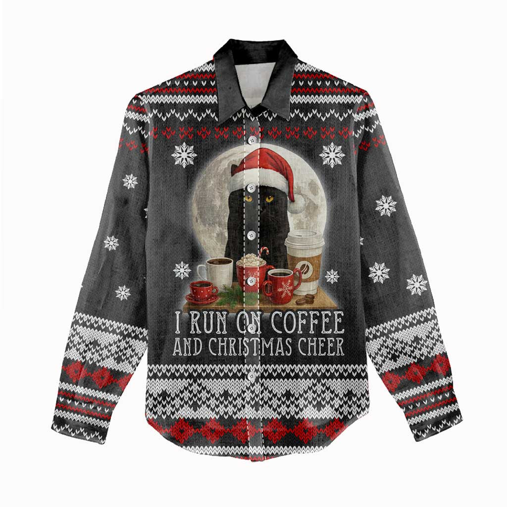 Black Cat Run On Coffee Women Casual Shirt Xmas Holiday Patterns - Wonder Print Shop