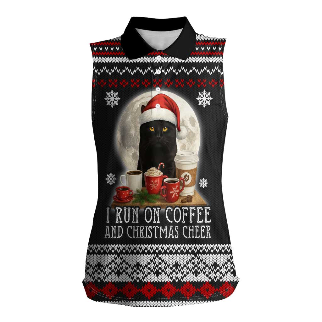 Black Cat Run On Coffee Women Sleeveless Polo Shirt Xmas Holiday Patterns - Wonder Print Shop