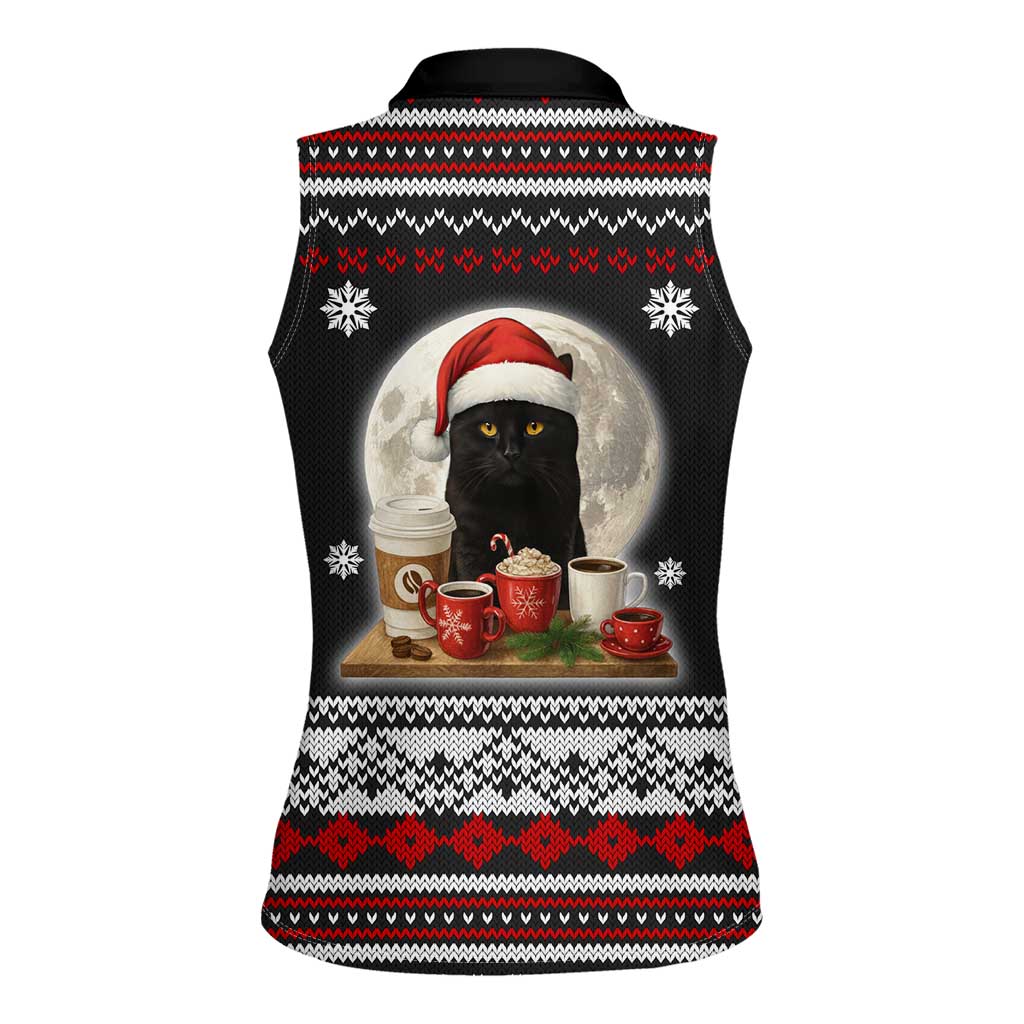 Black Cat Run On Coffee Women Sleeveless Polo Shirt Xmas Holiday Patterns - Wonder Print Shop