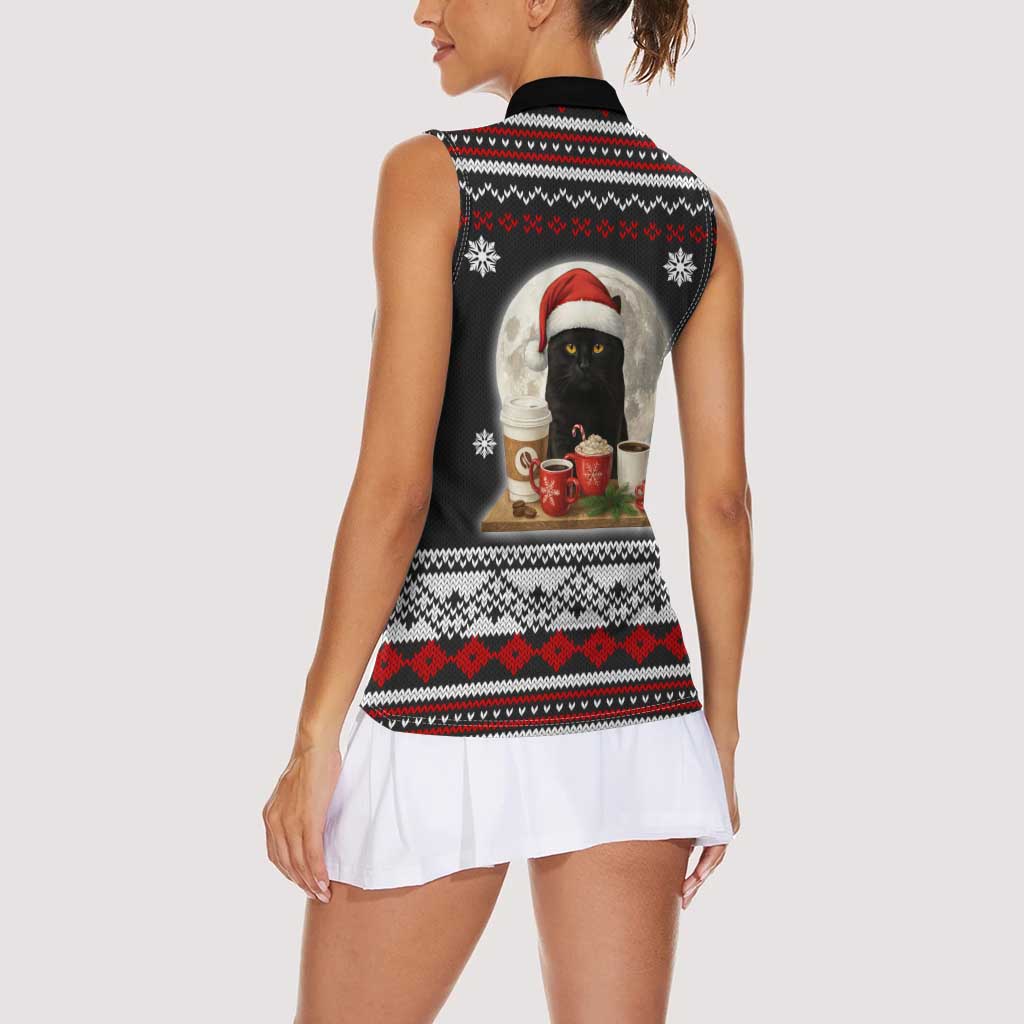 Black Cat Run On Coffee Women Sleeveless Polo Shirt Xmas Holiday Patterns - Wonder Print Shop