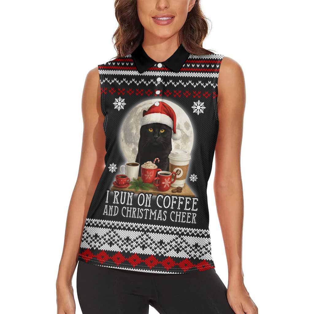 Black Cat Run On Coffee Women Sleeveless Polo Shirt Xmas Holiday Patterns - Wonder Print Shop