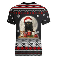 Black Cat Run On Coffee Women V-Neck T-Shirt Xmas Holiday Patterns - Wonder Print Shop