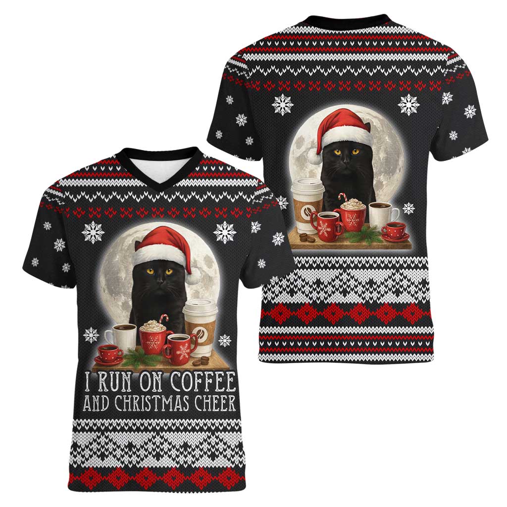 Black Cat Run On Coffee Women V-Neck T-Shirt Xmas Holiday Patterns - Wonder Print Shop