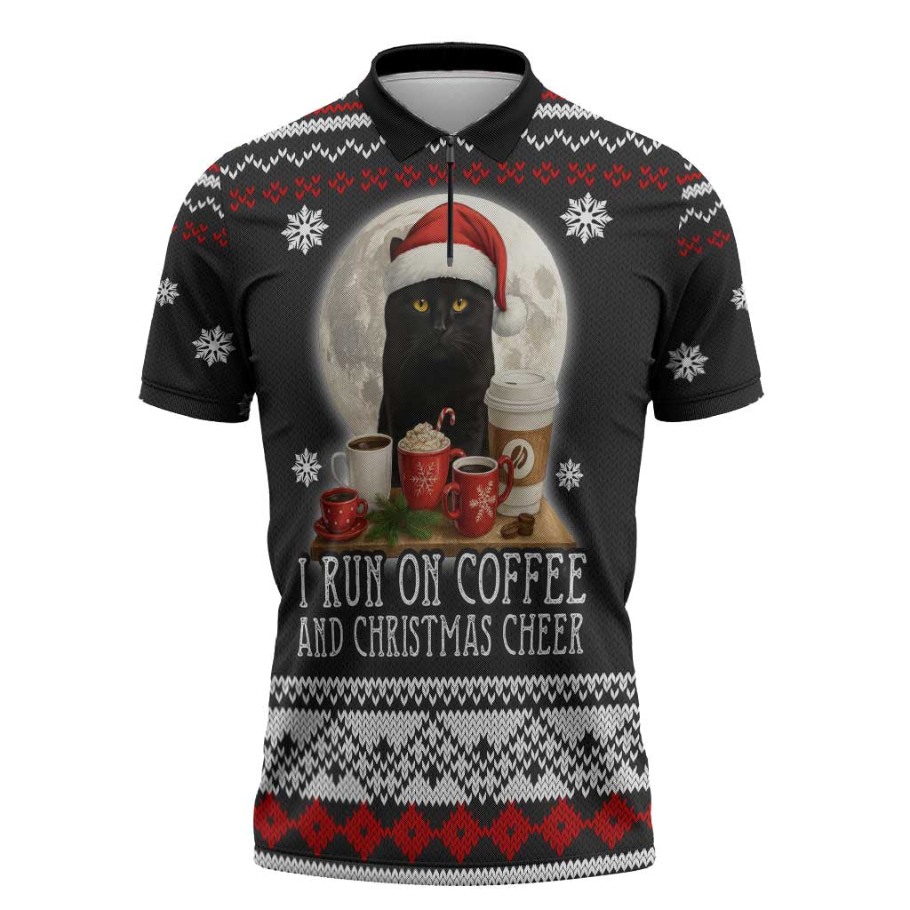 Black Cat Run On Coffee Zipper Polo Shirt Xmas Holiday Patterns - Wonder Print Shop