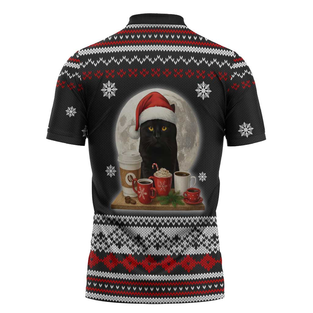 Black Cat Run On Coffee Zipper Polo Shirt Xmas Holiday Patterns - Wonder Print Shop