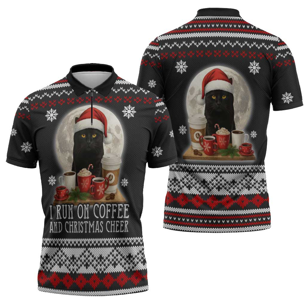 Black Cat Run On Coffee Zipper Polo Shirt Xmas Holiday Patterns - Wonder Print Shop
