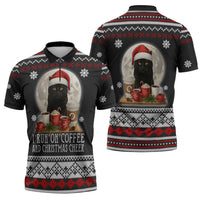 Black Cat Run On Coffee Zipper Polo Shirt Xmas Holiday Patterns - Wonder Print Shop