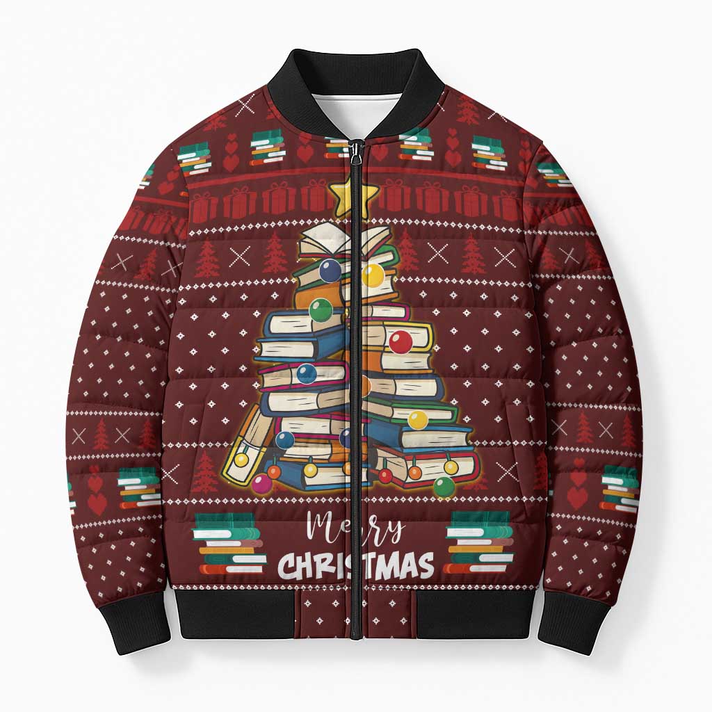 Book Pine Merry Christmas Bomber Puffer Jacket Xmas Holiday Patterns - Wonder Print Shop