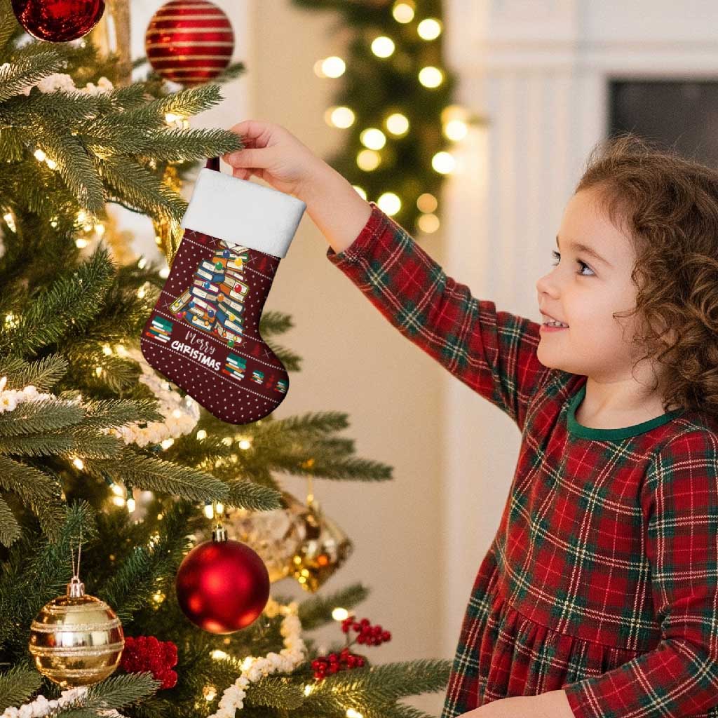 Book Pine Merry Christmas Stocking Xmas Holiday Patterns - Wonder Print Shop