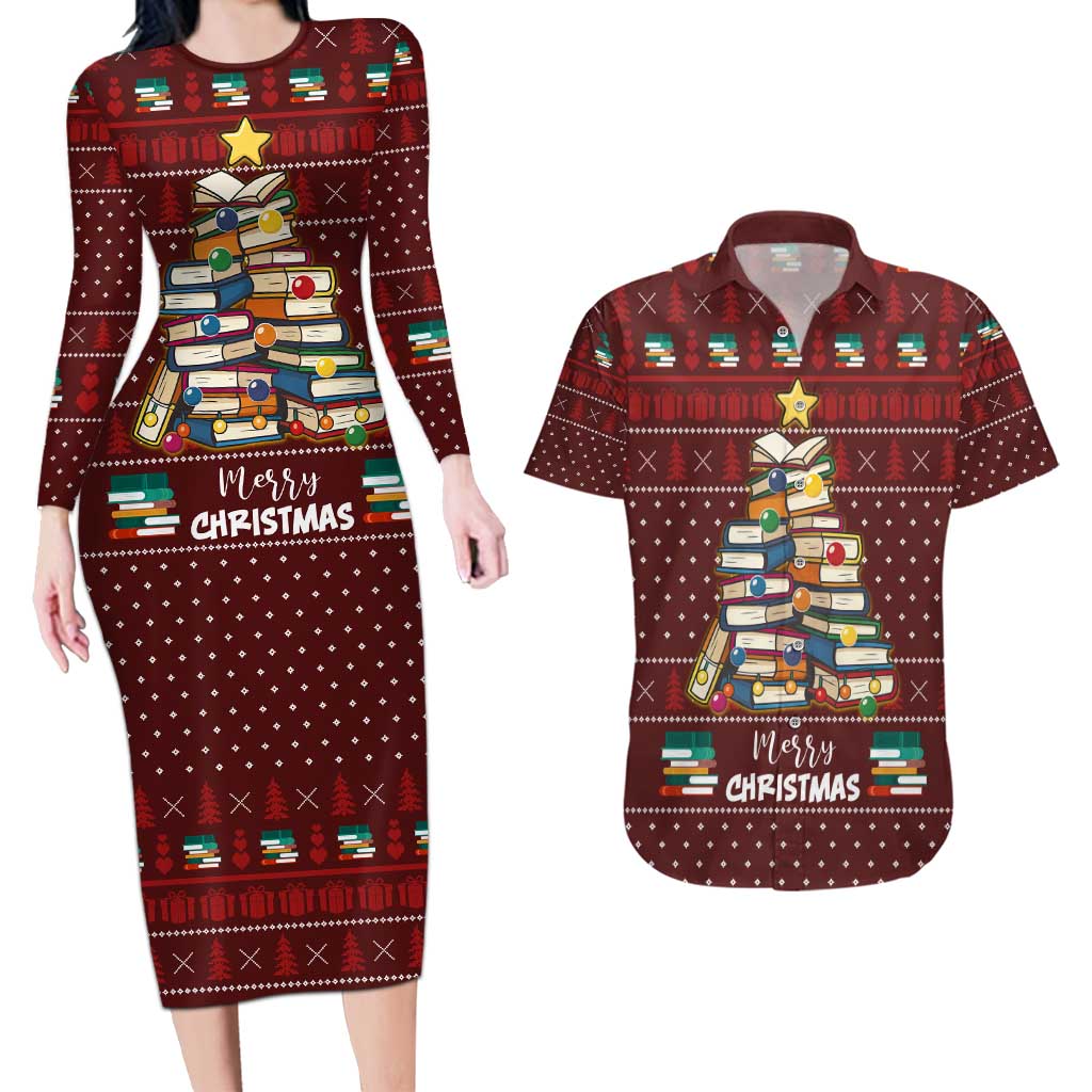 Book Pine Merry Christmas Couples Matching Long Sleeve Bodycon Dress and Hawaiian Shirt Xmas Holiday Patterns - Wonder Print Shop