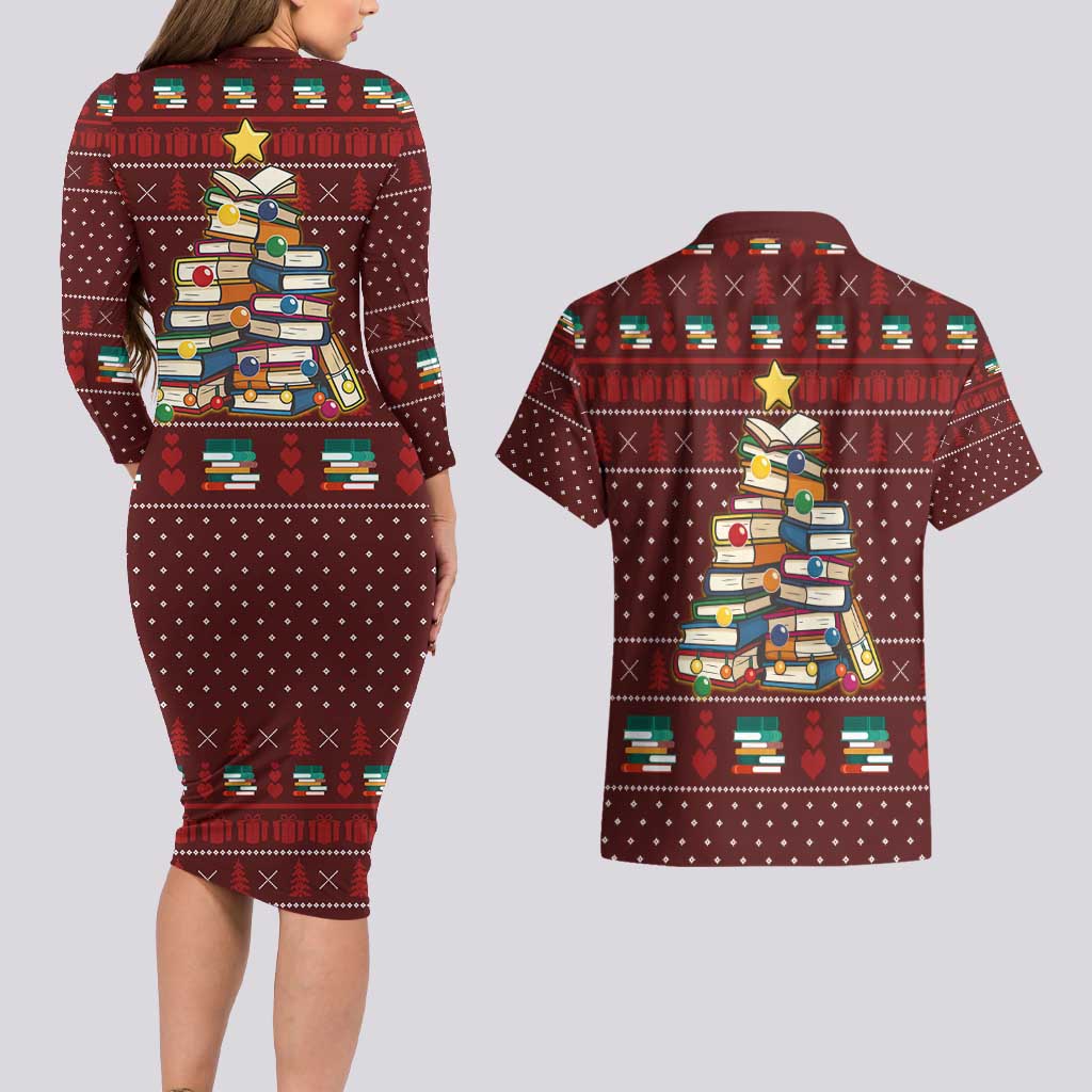 Book Pine Merry Christmas Couples Matching Long Sleeve Bodycon Dress and Hawaiian Shirt Xmas Holiday Patterns - Wonder Print Shop