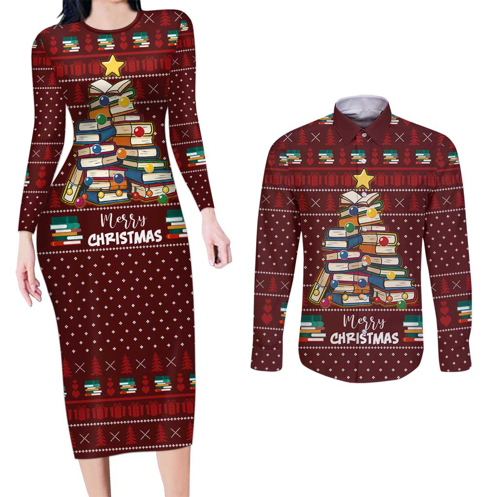 Book Pine Merry Christmas Couples Matching Long Sleeve Bodycon Dress and Long Sleeve Button Shirt Xmas Holiday Patterns - Wonder Print Shop