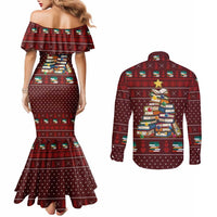 Book Pine Merry Christmas Couples Matching Mermaid Dress and Long Sleeve Button Shirt Xmas Holiday Patterns - Wonder Print Shop