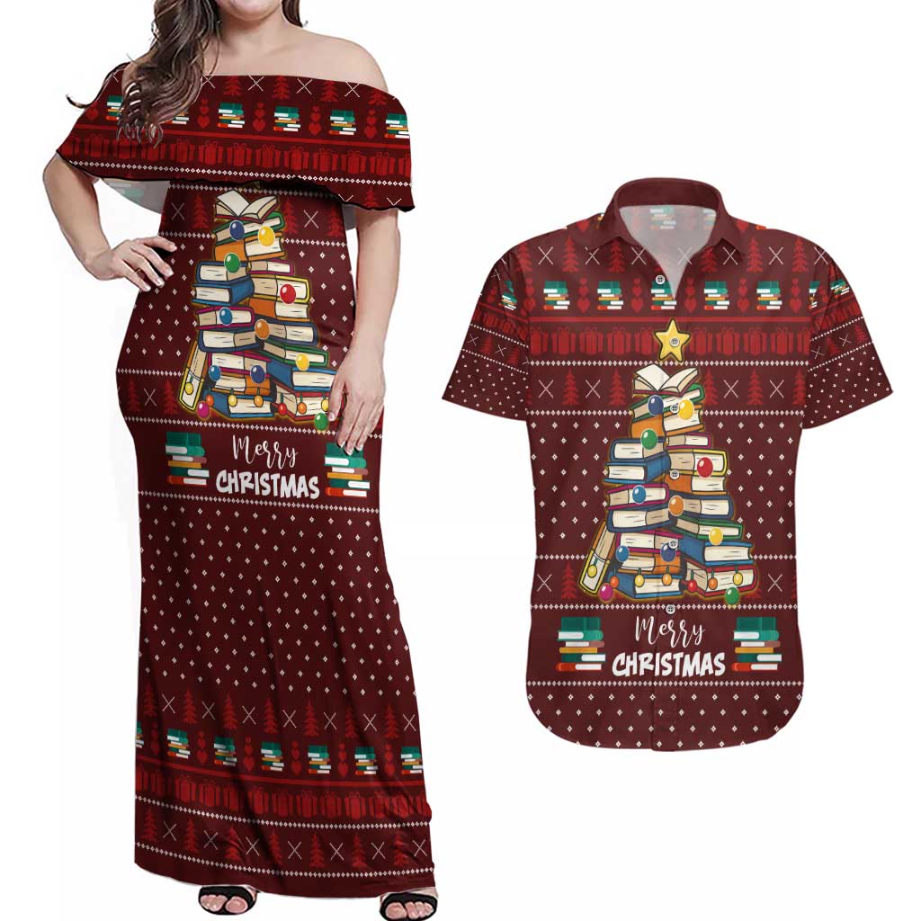 Book Pine Merry Christmas Couples Matching Off Shoulder Maxi Dress and Hawaiian Shirt Xmas Holiday Patterns - Wonder Print Shop