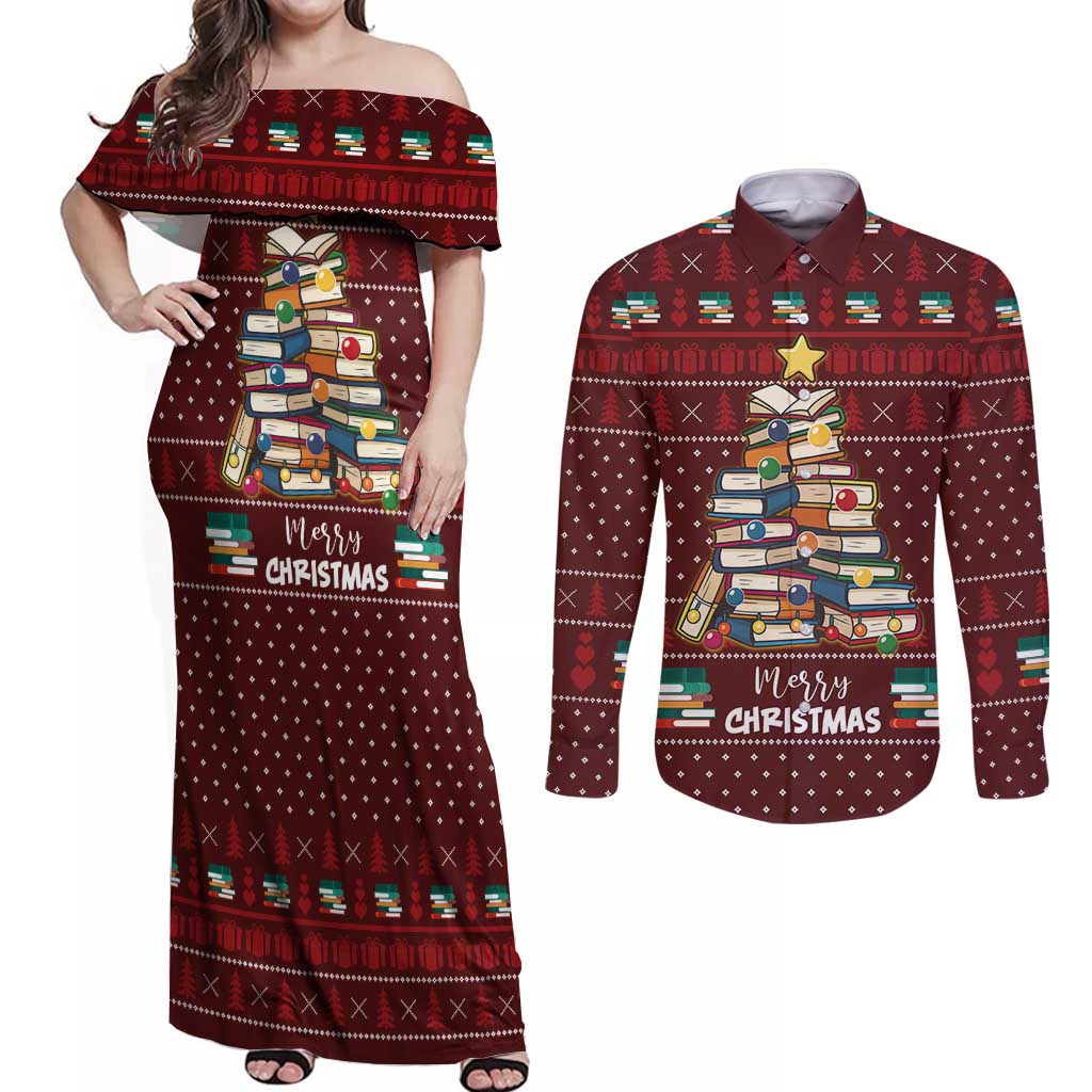 Book Pine Merry Christmas Couples Matching Off Shoulder Maxi Dress and Long Sleeve Button Shirt Xmas Holiday Patterns - Wonder Print Shop