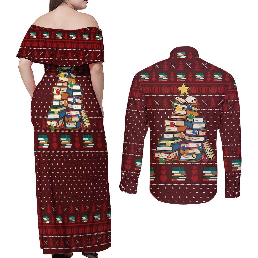 Book Pine Merry Christmas Couples Matching Off Shoulder Maxi Dress and Long Sleeve Button Shirt Xmas Holiday Patterns - Wonder Print Shop