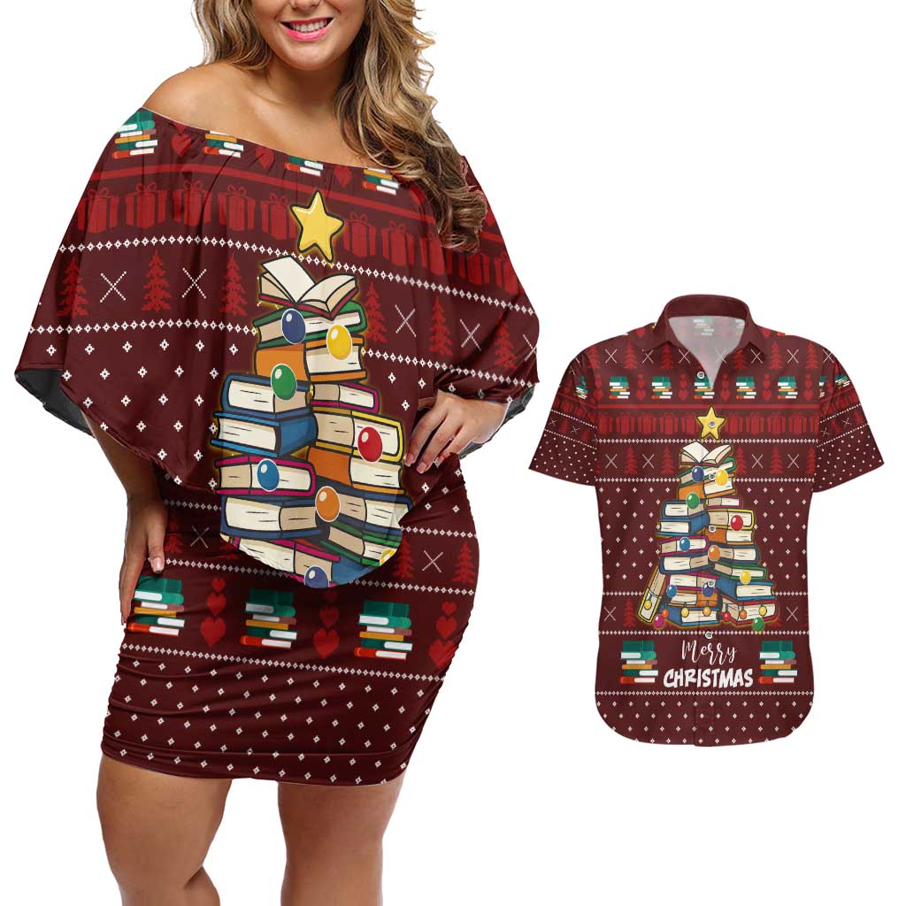 Book Pine Merry Christmas Couples Matching Off Shoulder Short Dress and Hawaiian Shirt Xmas Holiday Patterns - Wonder Print Shop