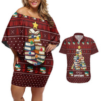 Book Pine Merry Christmas Couples Matching Off Shoulder Short Dress and Hawaiian Shirt Xmas Holiday Patterns - Wonder Print Shop