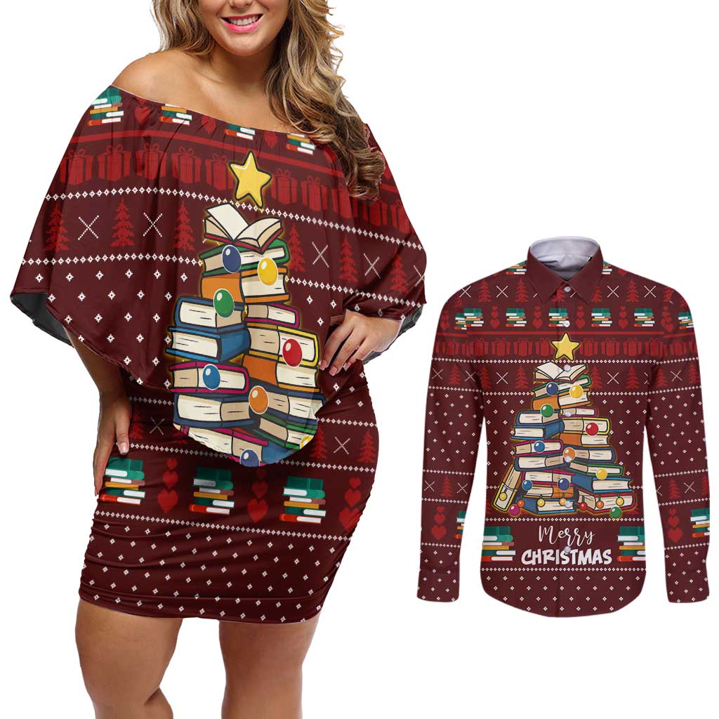 Book Pine Merry Christmas Couples Matching Off Shoulder Short Dress and Long Sleeve Button Shirt Xmas Holiday Patterns - Wonder Print Shop