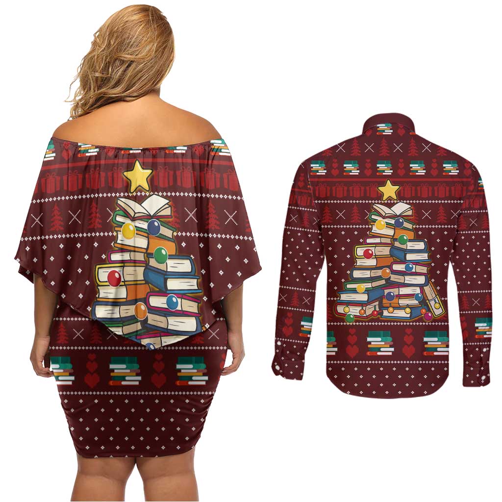 Book Pine Merry Christmas Couples Matching Off Shoulder Short Dress and Long Sleeve Button Shirt Xmas Holiday Patterns - Wonder Print Shop