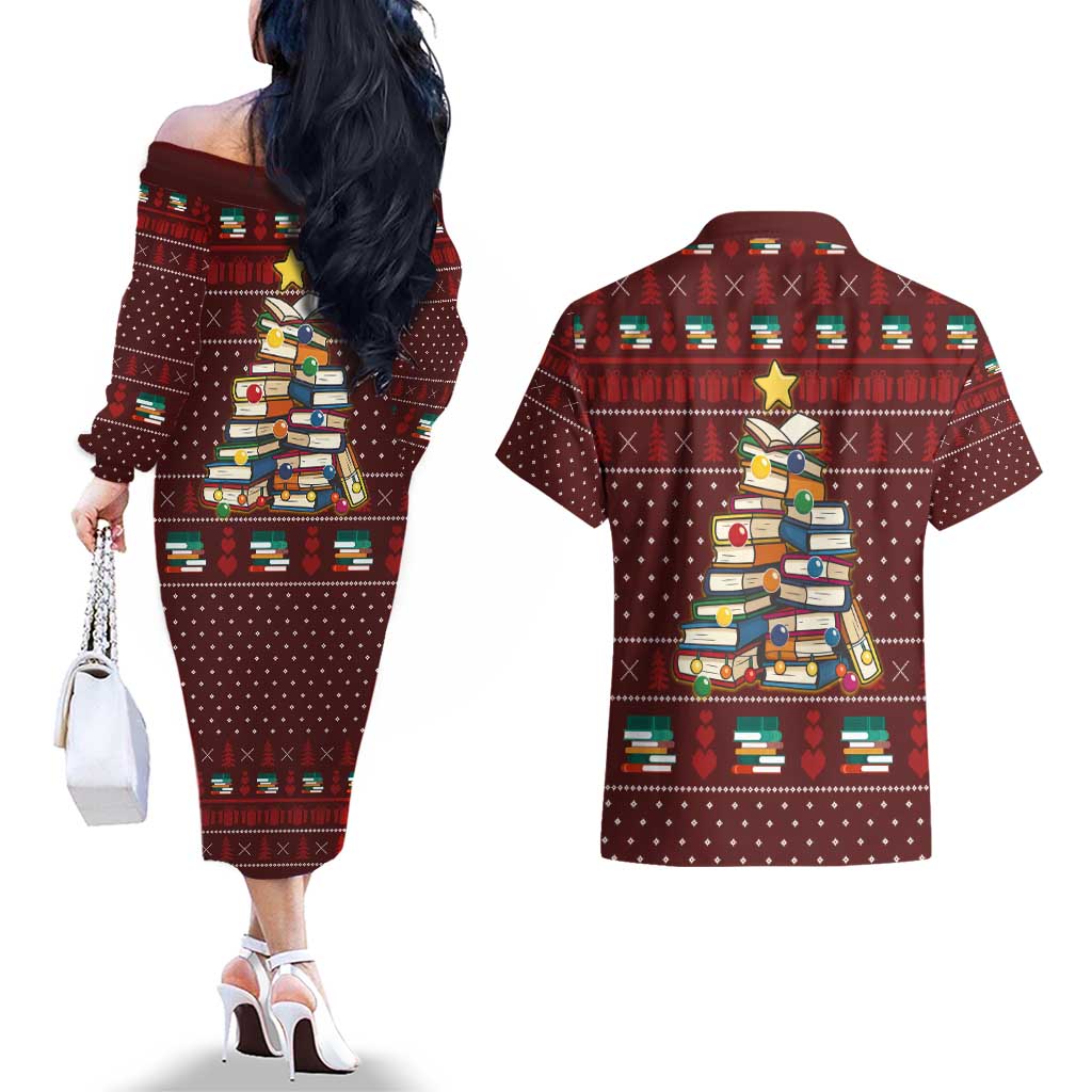 Book Pine Merry Christmas Couples Matching Off The Shoulder Long Sleeve Dress and Hawaiian Shirt Xmas Holiday Patterns - Wonder Print Shop