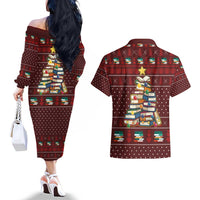 Book Pine Merry Christmas Couples Matching Off The Shoulder Long Sleeve Dress and Hawaiian Shirt Xmas Holiday Patterns - Wonder Print Shop