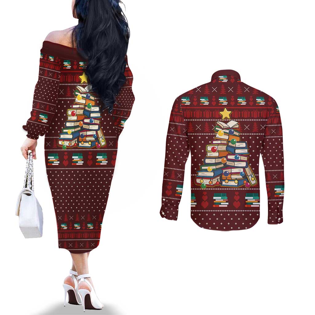 Book Pine Merry Christmas Couples Matching Off The Shoulder Long Sleeve Dress and Long Sleeve Button Shirt Xmas Holiday Patterns - Wonder Print Shop