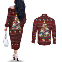 Book Pine Merry Christmas Couples Matching Off The Shoulder Long Sleeve Dress and Long Sleeve Button Shirt Xmas Holiday Patterns - Wonder Print Shop